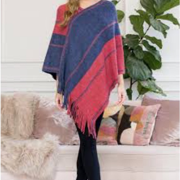 Elegant Blue and Red Women's Poncho Wrap - Picture 1 of 4